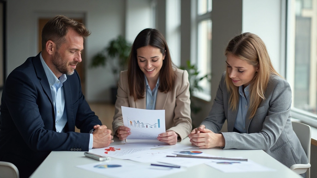 Skupina ľudí pracujúcich s finančnými údajmi na stole s grafmi a poznámkami