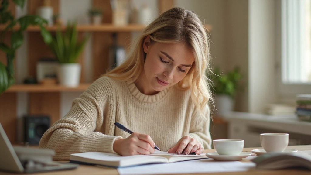Žena zapisujúca finančné ciele do plánovača na domácej kancelárii